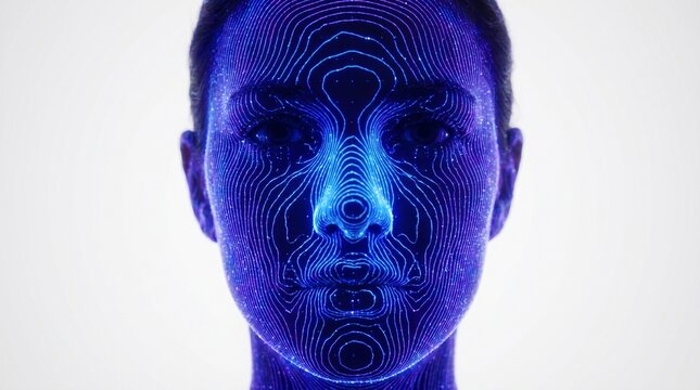 Close-up of a human face rendered with intricate blue topographic lines on a white background, showcasing digital mapping and biometric data.