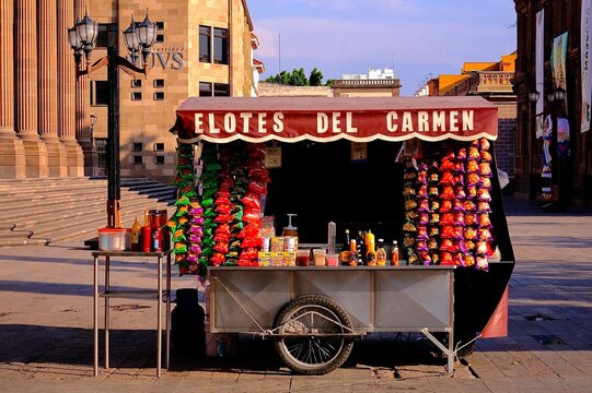 Elotes Street Cart in Historic Plaza (San Luis Potosi, San Luis Potosi, Mexico &ndash; May 19, 2026)
