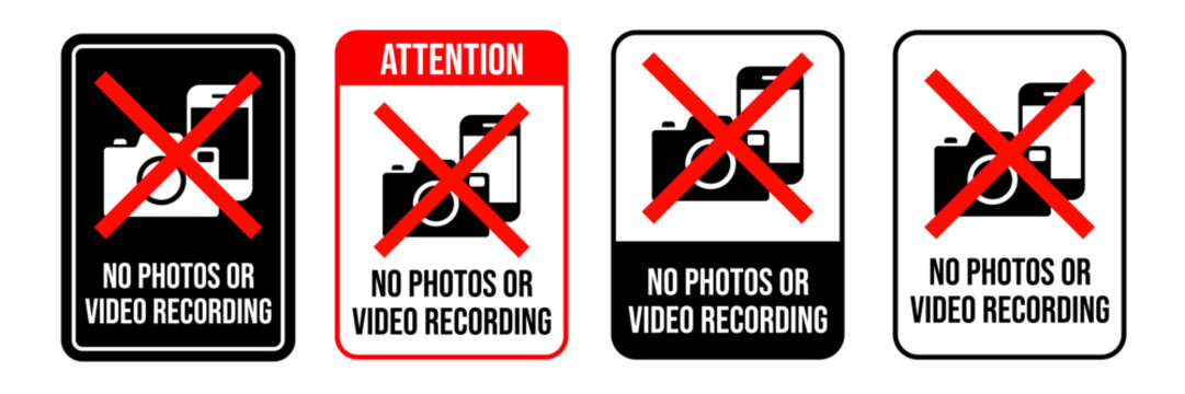 No photo, video recording and phone prohibition sign set. No photographing and filming sign. No Photo or Video sign, logo, badge, icon, label, stamp, symbol, red, flat vector, isolated illustration.