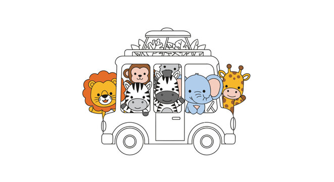 Cute cartoon safari animals in a vehicle, including lion, monkey, zebra, elephant, and giraffe, on a white background