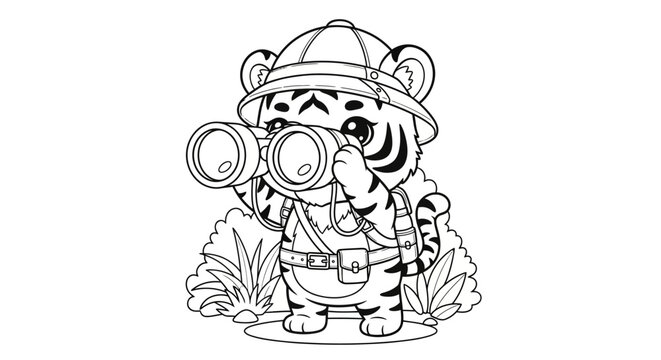 Cute cartoon tiger explorer with binoculars and safari hat, looking for adventure in the wild. Coloring page.