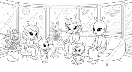 Fototapeta premium Adorable alien family relaxing in a futuristic spaceship living room, observing planets and stars through large windows. Detailed line art for coloring.