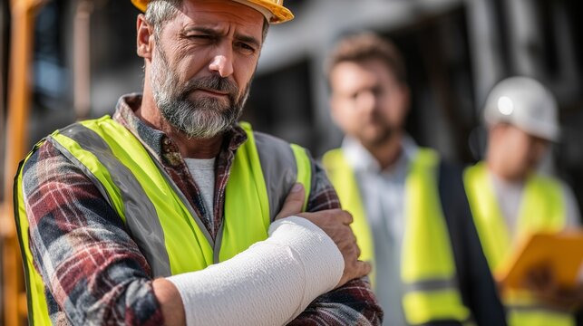 Construction worker with arm cast and safety vest signifying workers compensation injured worker and workplace injury claim.