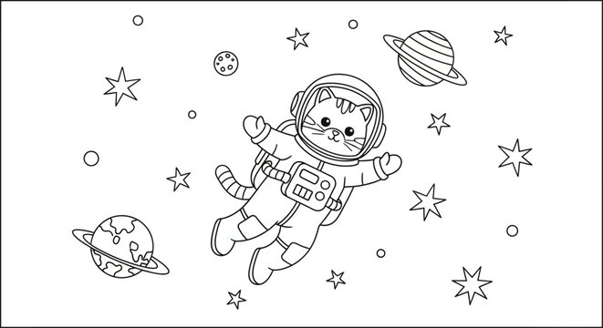Cute cartoon cat astronaut floating in outer space with stars and planets, black and white line art illustration for children's coloring book page, cosmic adventure.