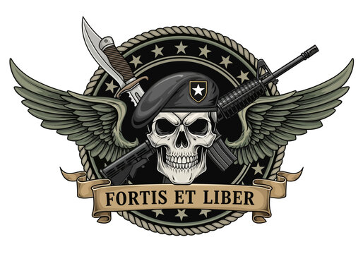 Fortis Et Liber Emblem with Skull, Rifle, and Wings