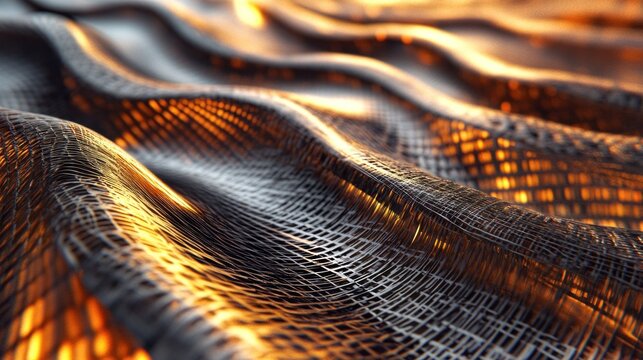 Abstract metallic texture with flowing waves.  Detailed close-up view of a dynamic, rippled, and patterned surface.  The interwoven structure creates a captivating visual effect