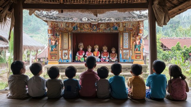 Children watch traditional puppet show under a veranda. Colorful puppets on a stage