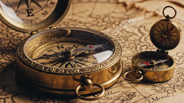 Antique brass magnetic compass resting on an old vintage paper map. Navigational instrument for geography and exploration. Cartography and travel concept scene