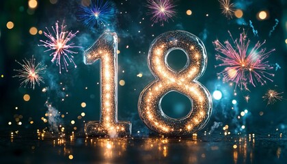 Obraz premium Eighteenth Birthday Celebration with Festive Decorations, Colorful Balloons, and Sparkling Fireworks