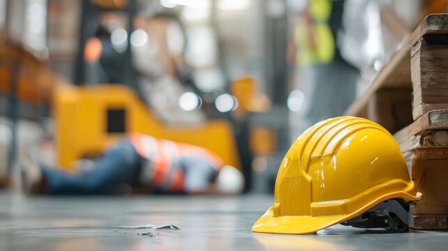 Yellow safety helmet on warehouse floor with injured worker and forklift blurred in background, representing workers compensation and employment labor law claim.