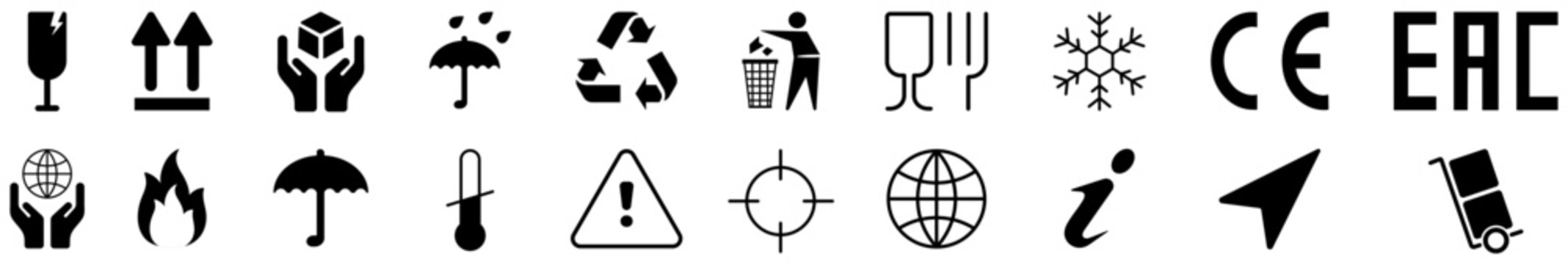 Packaging instruction icon set featuring fragile, recycle, keep dry, handle with care, CE mark, umbrella, glass, arrows, caution, shipping and warehouse symbols. vector icons
