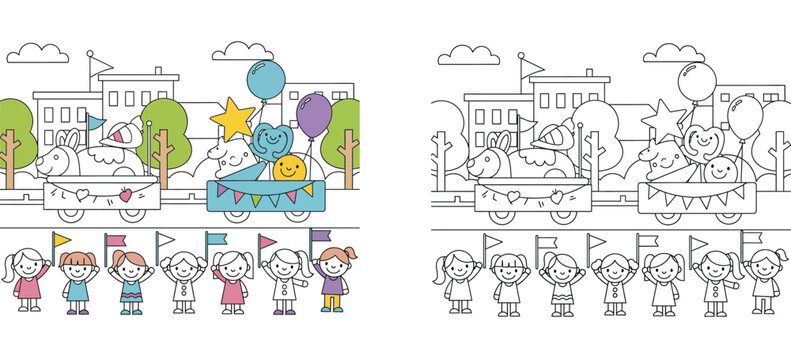 Kids coloring page template with a festive city parade scene showing children holding flags, cartoon parade floats, and a black and white outline version for educational drawing activity
