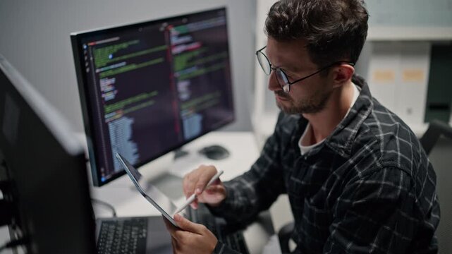High angle of male developer using pen stylus on digital tablet, professional programmer checking source code on computer screen for cyber security system.