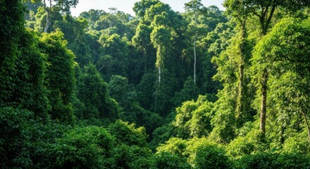 Fototapeta premium Lush green rainforest canopy with dense vegetation and vibrant foliage.