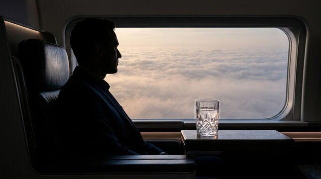 Man in Silhouette Traveling First Class on Airplane Above Clouds at Sunset