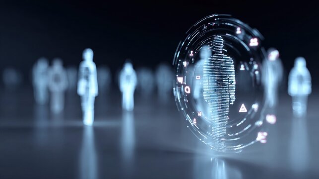 Digital human silhouette surrounded by glowing data streams and icons in a futuristic concept