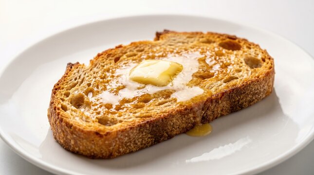 Delicious toasted bread with melting butter on white plate