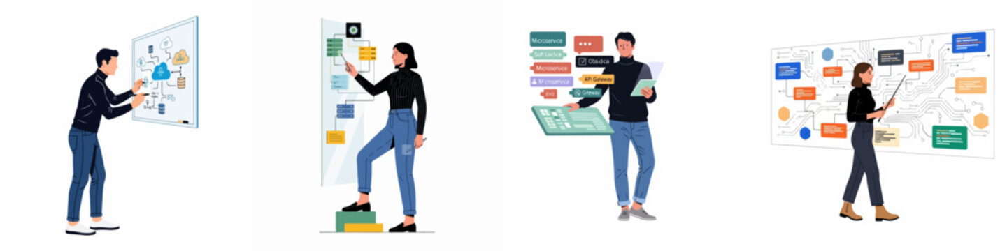 Set of professional software architects and developers designing complex cloud computing systems, microservices architectures, and technical infrastructure diagrams in a modern style.
