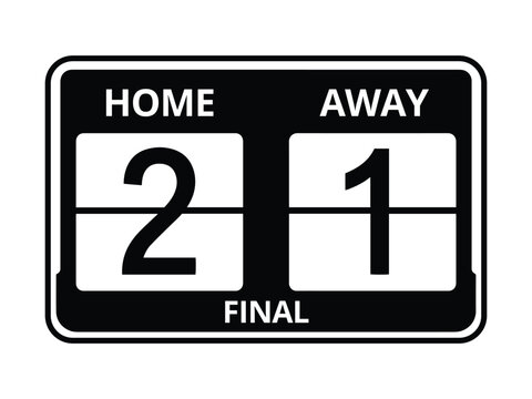 Black and white vintage mechanical flip sports scoreboard graphic showing a final match score of home two and away one.
