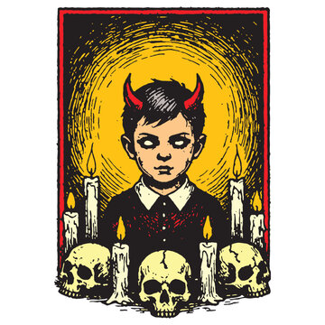 Vintage Devil Boy Ritual Tarot Card Illustration,framed composition with yellow aura rays, dark line hatching, and a spooky occult aesthetic suitable for vintage posters, streetwear prints.