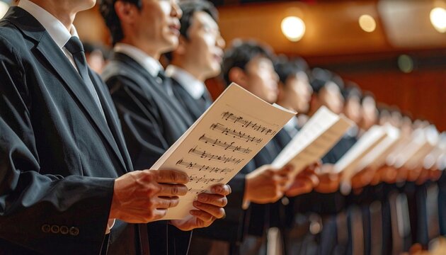 コンサートホールで黒スーツを着た日本人男性合唱団が楽譜を手に並んで歌う正式な合唱演奏会の風景