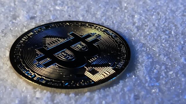 Bitcoin close-up. Coin. Snow. Slow motion. . High quality 4k footage