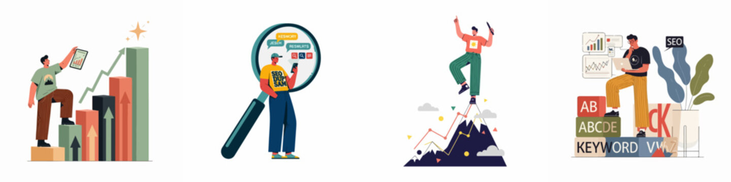 Flat vector illustrations depicting SEO optimization, keyword research, data analysis, and business growth strategies for digital marketing success.