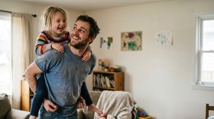 Naklejka premium Father and daughter bonding at home using life insurance to build wealth together in a warm family environment