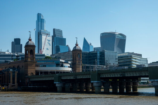 London, UK, 27th May 2026 - The confused skyline of London's financial district with Blackfriars bridge.  Modern and traditional architecture