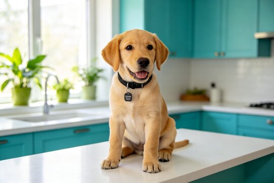 Yellow lab puppy in kitchen