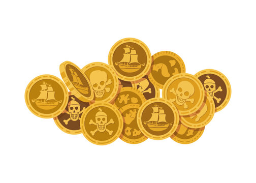 Pile of pirate gold coins vector illustration treasure doubloons with skull and ship details