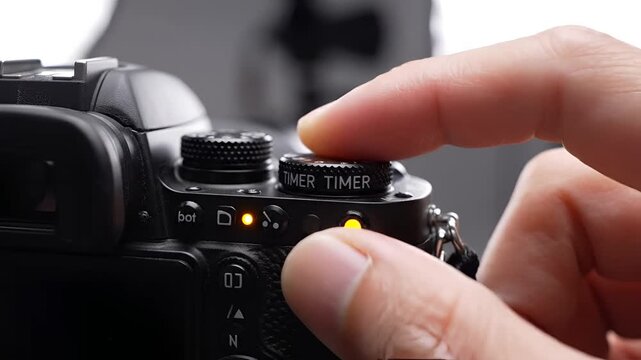 Closeup of a finger pressing the selftimer button on a digital camera.