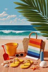 Obraz premium Bright beach scene with colorful towel, yellow flip-flops and summer essentials by the sea