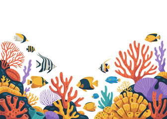Fototapeta premium Underwater coral reef frame background with colorful tropical fish and sea plants
