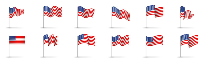 Obraz premium United states flag set, usa symbol, wavy shape flag pole realistic illustration
