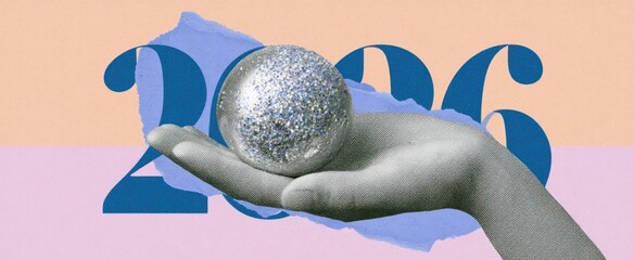 Obraz premium 2026 New Year celebration banner design. Halftone hand holding sparkling silver ornament and torn textured blue numbers on a pastel grainy background. Contemporary vintage style artwork.