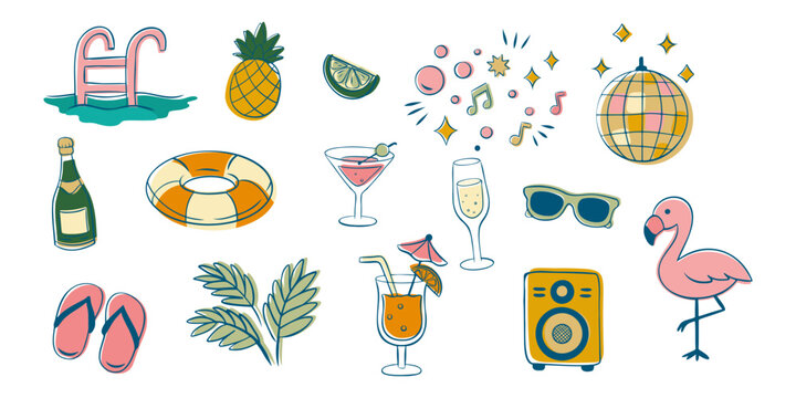 Summer Pool Party Elements Set Doodle Clipart