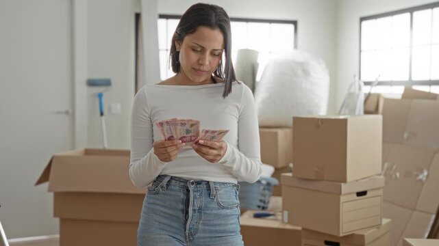 Young hispanic woman counting pesos in hands amid packed cardboard boxes and bubblewrap in an apartment building; budget uncertainty.