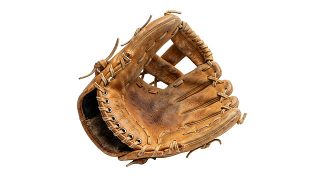 Worn leather baseball glove with lacing detailed texture on transparent background