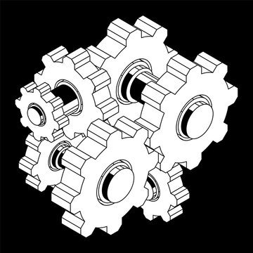 Isometric connection of gears of transmission unit of the gearbox. 3D vector isolated on black background