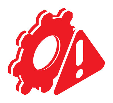 Isometric red exclamation mark against the background of a mechanical gear of dangerous industrial equipment. Isolated cartoon vector on white back top view