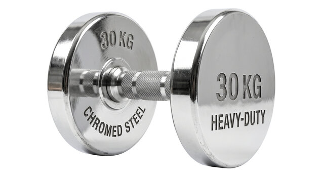 Chrome dumbbell with thirty kilogram weights on transparent background