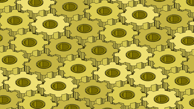 Mechanical horizontal backdrop of shafts and gears connected into a single torque transmission system. 3D vector background top view at an angle