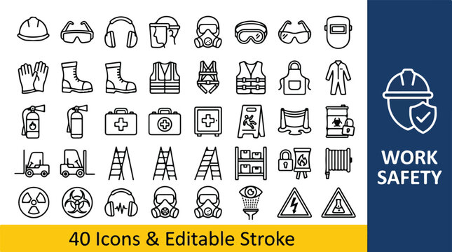 Personal protective equipment line icons for industrial workplace safety