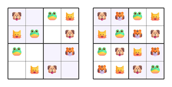 Colorful sudoku puzzle game 4*4 featuring cute animal emoji faces including cats, dogs, foxes, and bears arranged in grid format, perfect for children