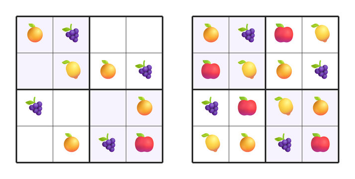 Colorful fruit sudoku puzzle worksheets featuring fruits and vegetables arranged in 4*4 grids for children's educational logic games 