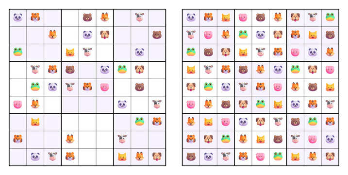 Colorful sudoku puzzle game 9*9 featuring cute animal emoji faces including cats, dogs, foxes, and bears arranged in grid format, perfect for children