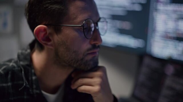 Serious man, web developer with glasses looking at computer screens, thoughtful male application programmer coding software late at night.