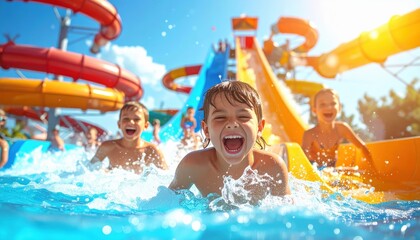Obraz premium Summer Waterpark Background Photo with Kids Playing Water Slides Splash Pool Sunny Day Aesthetic Family Holiday Concept Empty Mockup Template for Amusement Park Promotion Banner