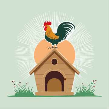 Rooster Crowing on Doghouse at Sunrise